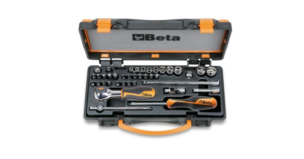 BETA Assortimento di 11 chiavi a bussola esagonali, 20 inserti per avvitatori e 7 accessori in termoformato rigido, in cassetta di lamiera art.900/C11HR