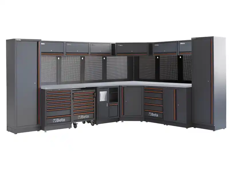 Arredo Beta C45PRO 2.0 DX per officina 3718/3038x645x2000mm con piano di lavoro in acciaio