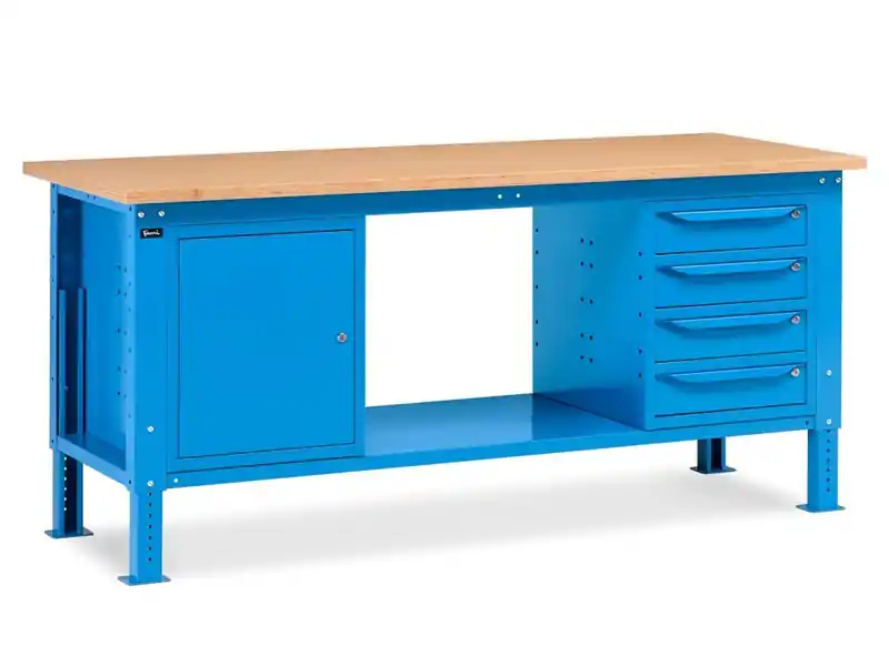Banco da lavoro regolabile Fami WORK2006 200cm blu piano in legno, armadietto e 4 cassetti