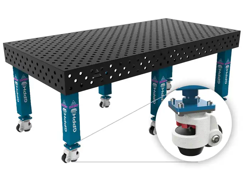 Banco per saldatura con ruote SteelExpert GPPH 2,4x1,2mt spessore 25mm, fori 28mm griglia diagonale
