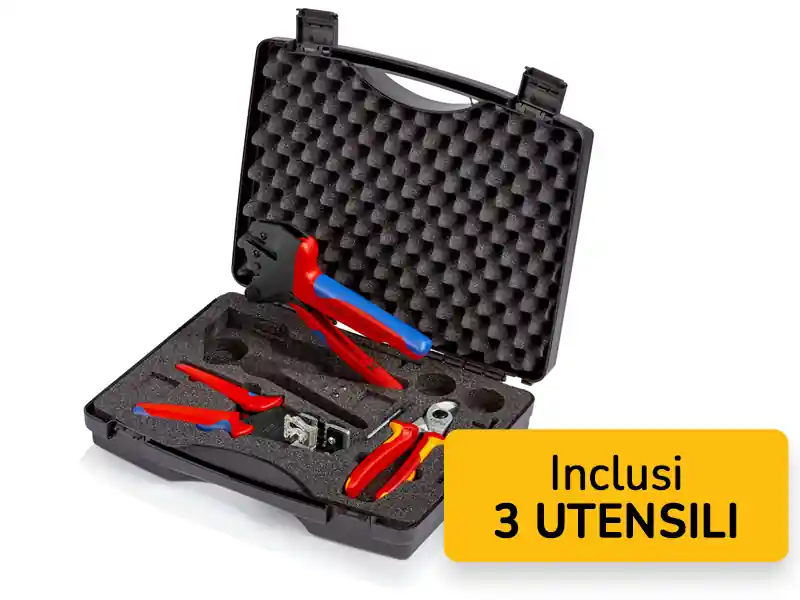 Knipex set 3 utensili per il fotovoltaico con crimpatrice, cesoia e spelacavi 1,5-6mm² in valigetta