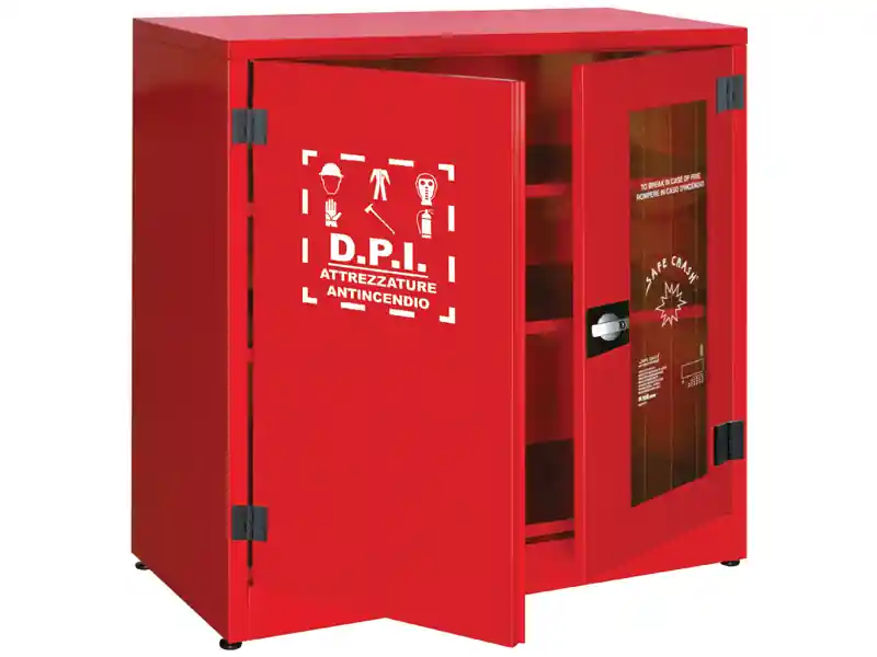 Armadio per DPI Carvel 1075x500x1100mm con 1 anta cieca, 1 anta in vetro frangibile e 2 ripiani