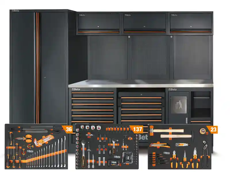 Arredo per officina Beta C45PROX 2955x495x2000mm con piano in acciaio inox completo di 196 utensili